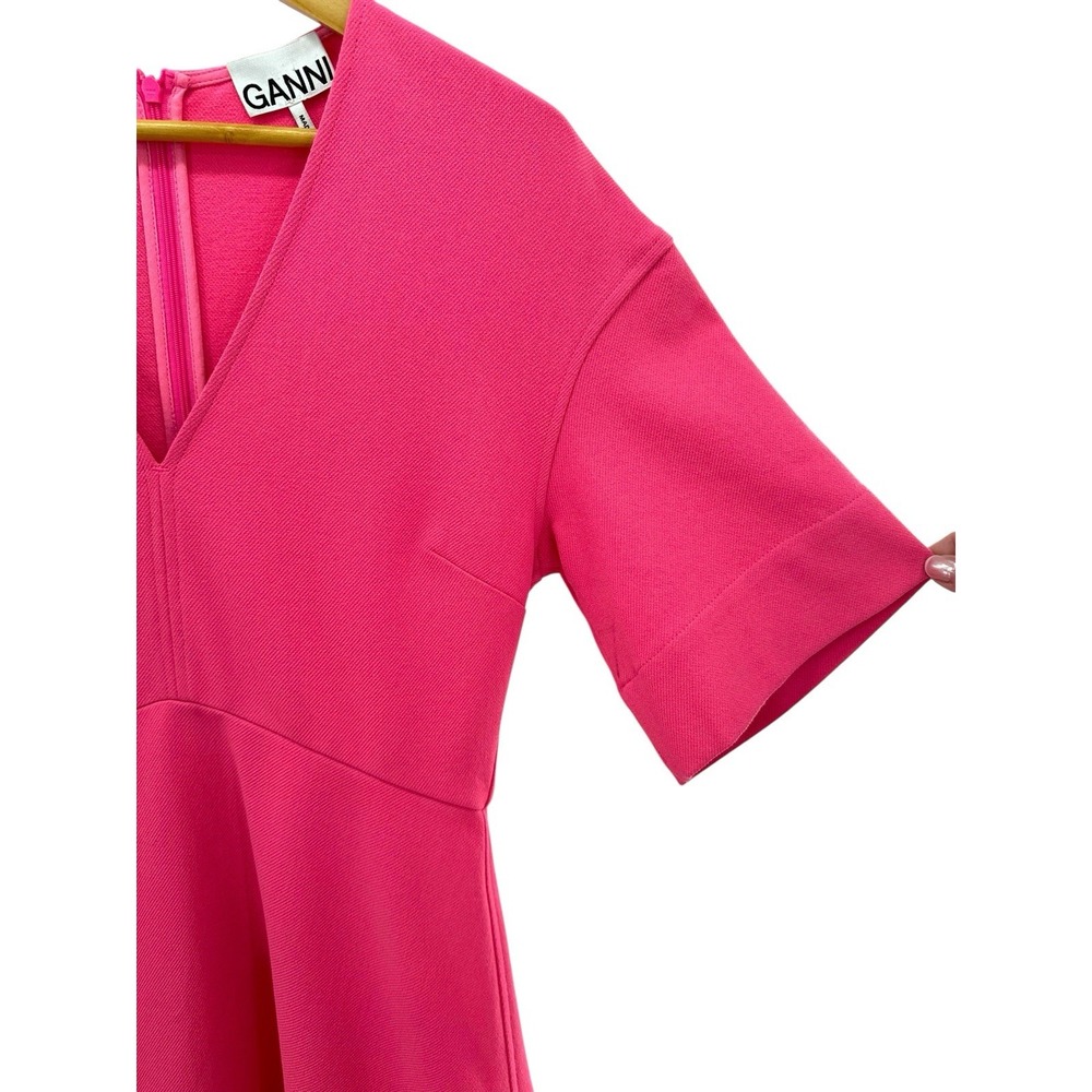 GANNI Hot Pink Mini‎ Dress V-Neck Short Sleeve A-Line Scandi Chic Size 38 US 6 - Picture 3 of 7